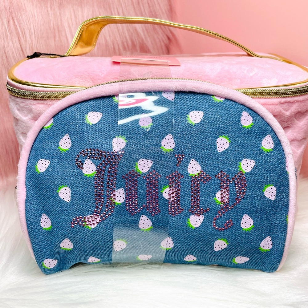 New Juicy Couture Pink Rhinestone Strawberry Cosmetic Bag Set